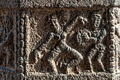 The great Chola temples of Tamil Nadu - The Airavatesvara temple of Darasuram. Pilasters inside the interior of the mandapa are decorated with small panels illustrating mythological stories in bas-reliefs. 